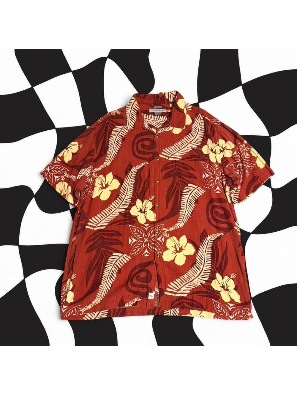 Quiksilver red Hawaiian shirt with yellow flowers